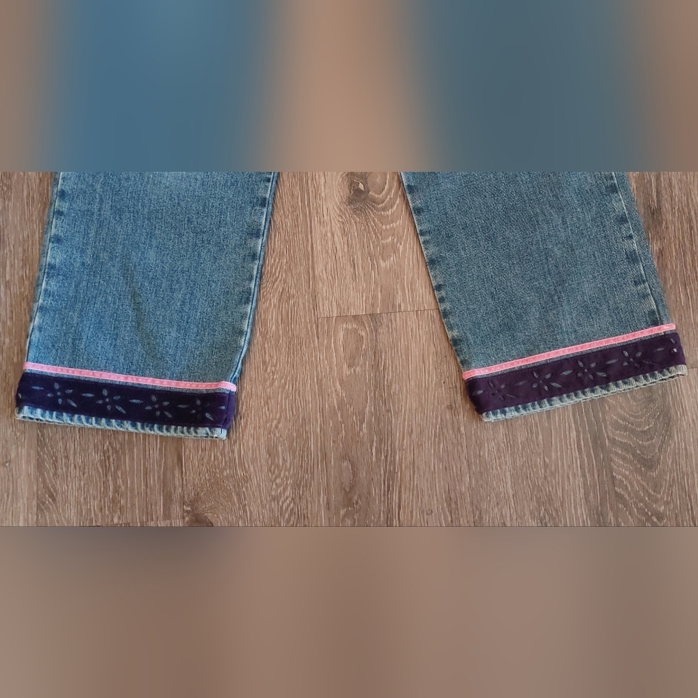 New York & Company Denim Blue Jeans Size 16 Embellished Velvet Trim 100% Cotton - Picture 2 of 12